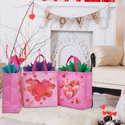 12PCS Happy Valentines Day Reusable Gift Bags, Treat Bags with Handles, Valentines Day Party Bags, Multifunctional Non-Woven Valentines Bags for Gifts Wrapping, Valentines Party Supplies(Pink)