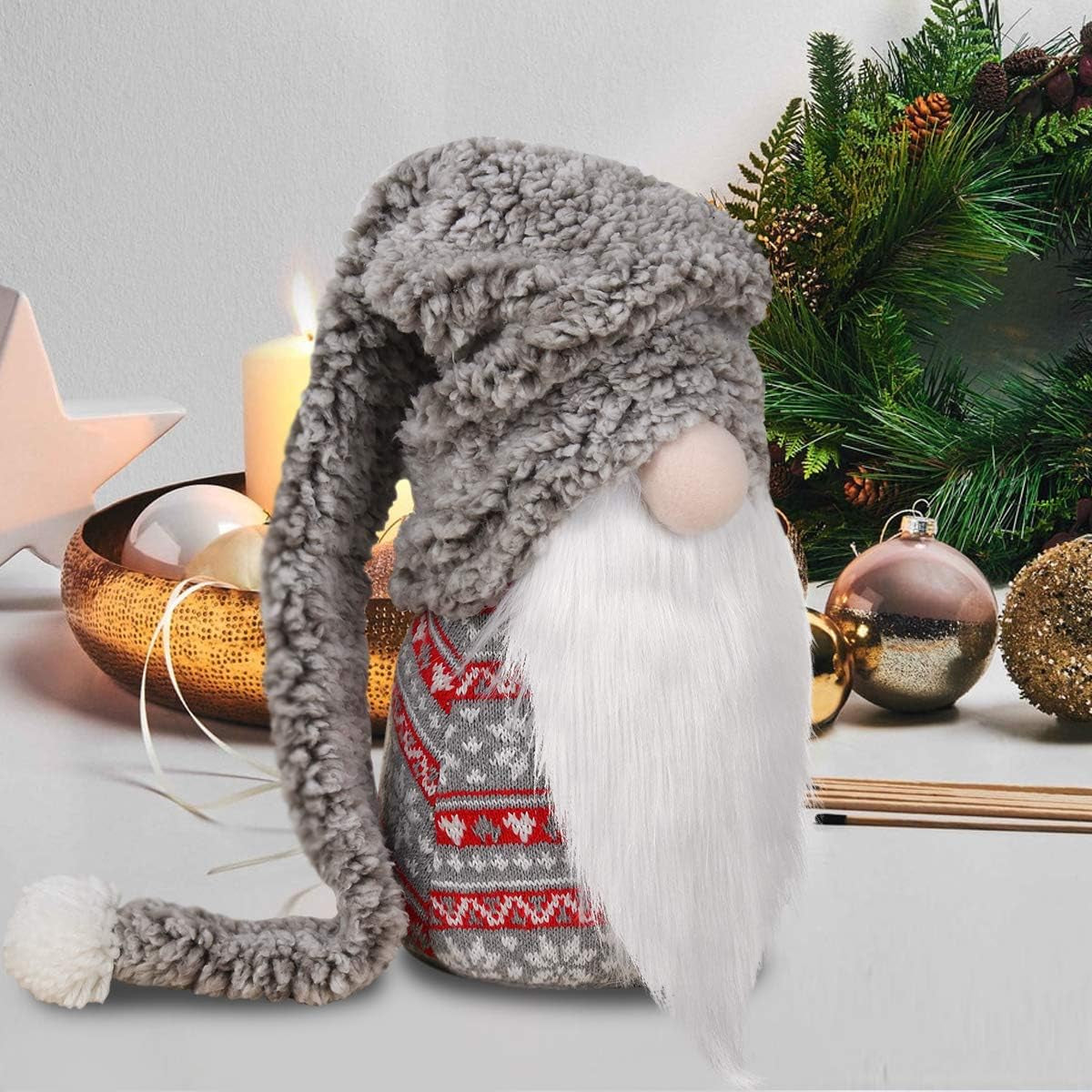 Large 13-Inch Swedish Tomte Gnome Plush Holiday Decoration (Grey, No Light)