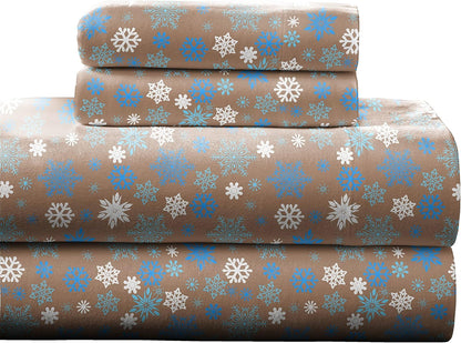 Heavy Weight Flannel Cotton Sheet Set, King, Snow Flakes/Tan