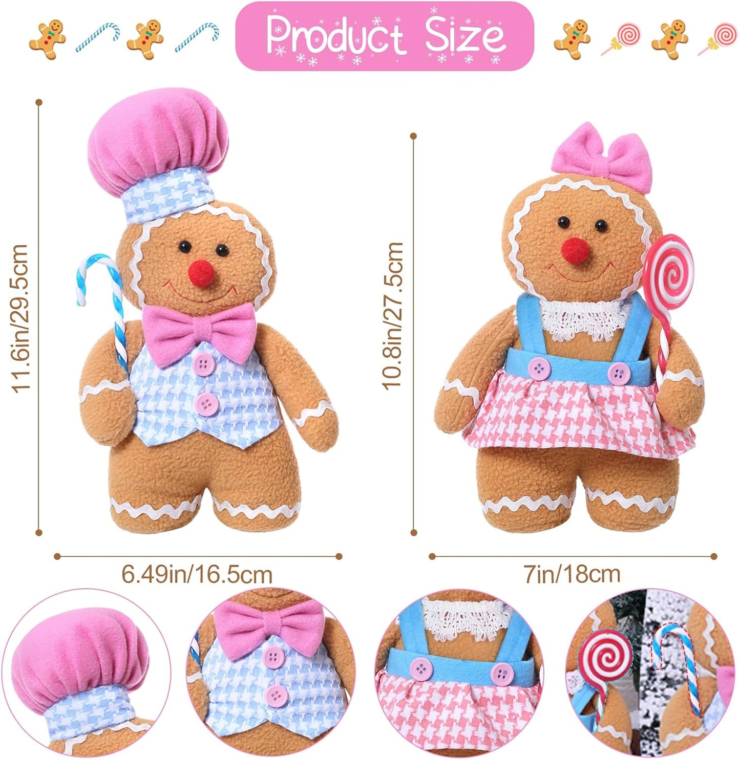 Gingerbread Plush Stuffed Animal Dolls for Christmas Home Decor (2PCS)