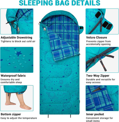 45° F Kids Sleeping Bag, Lightweight Waterproof & Compact Flannel Sleeping Bags