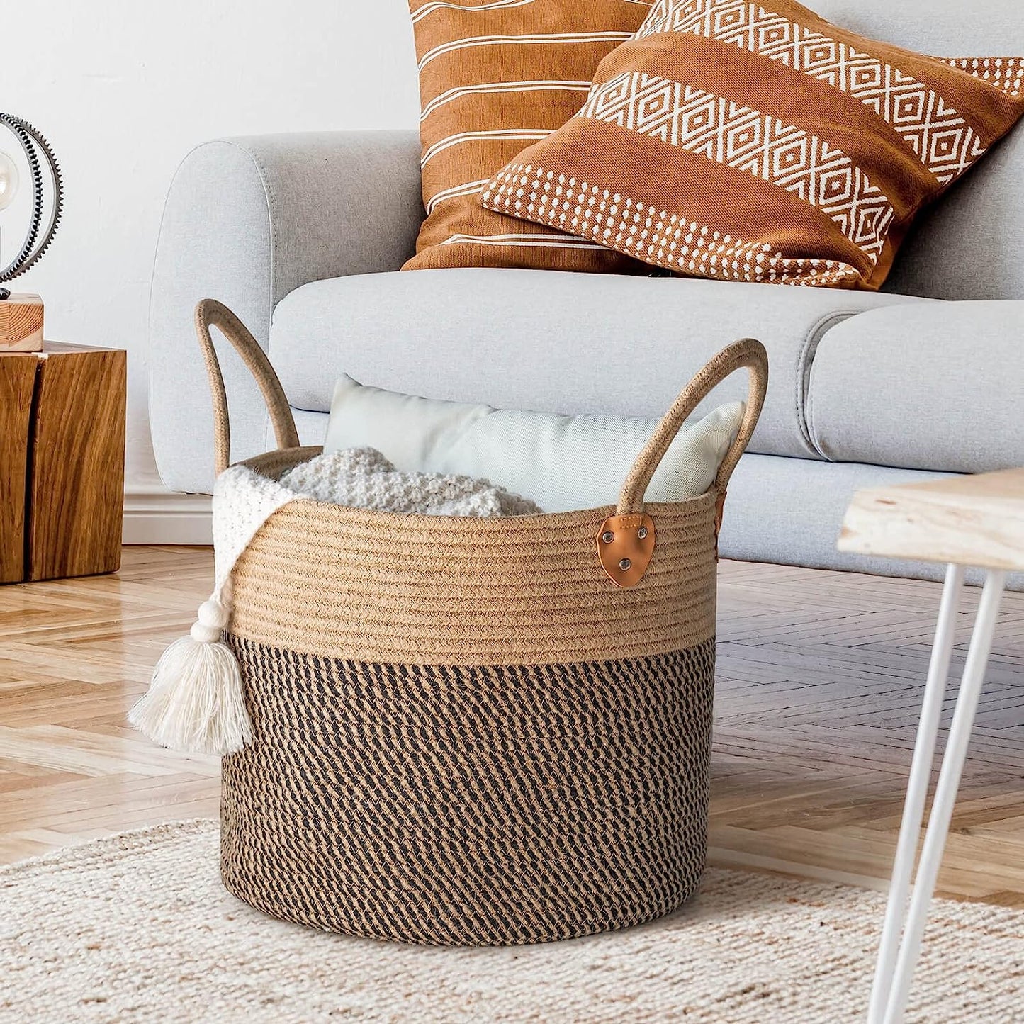 Jute Woven Wicker Floor Storage Basket with Handles, Boho Decorative Ba