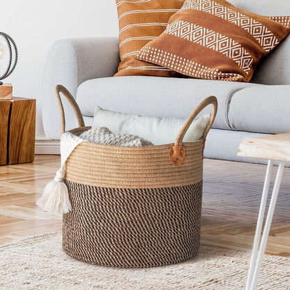 Jute Woven Wicker Floor Storage Basket with Handles, Boho Decorative Ba