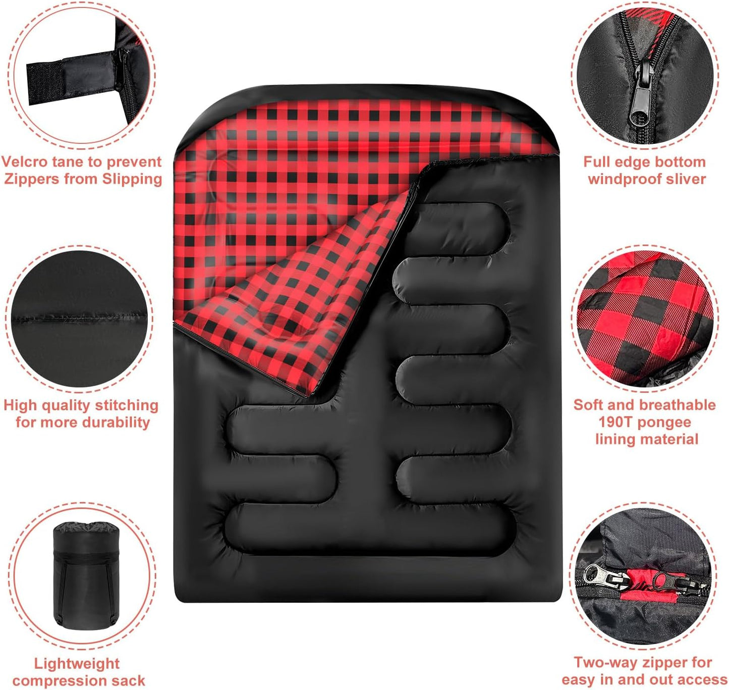 Double Sleeping Bags for Adults, Queen Size 2 Person All Season for Warm & Cold