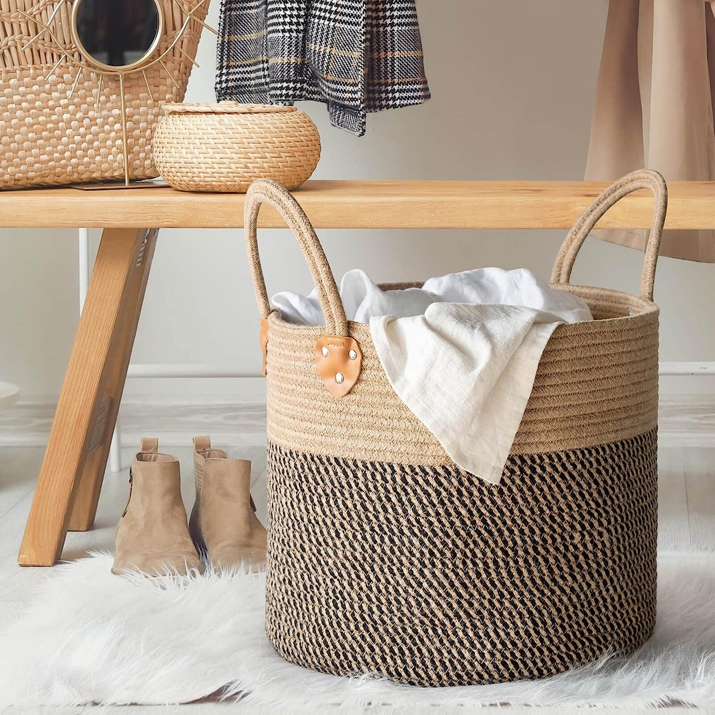 Jute Woven Wicker Floor Storage Basket with Handles, Boho Decorative Ba