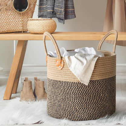 Jute Woven Wicker Floor Storage Basket with Handles, Boho Decorative Ba