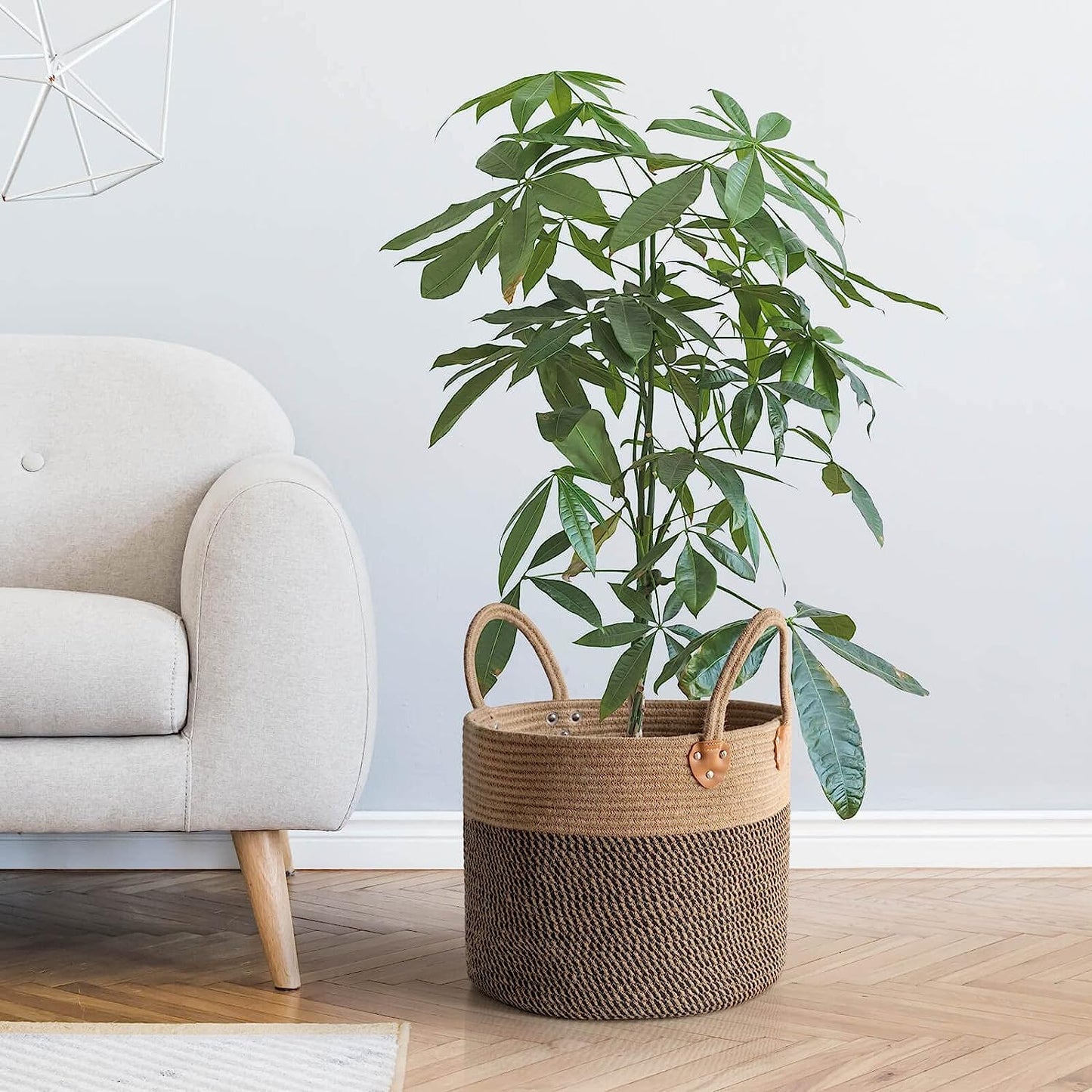 Jute Woven Wicker Floor Storage Basket with Handles, Boho Decorative Ba