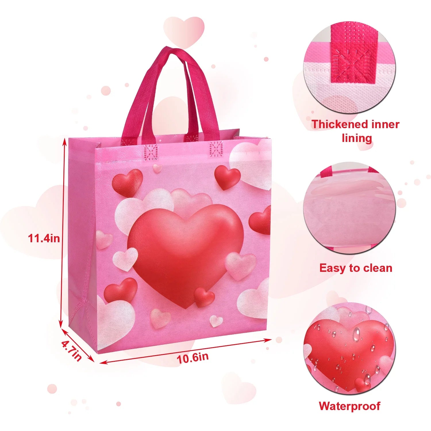 12PCS Happy Valentines Day Reusable Gift Bags, Treat Bags with Handles, Valentines Day Party Bags, Multifunctional Non-Woven Valentines Bags for Gifts Wrapping, Valentines Party Supplies(Pink)