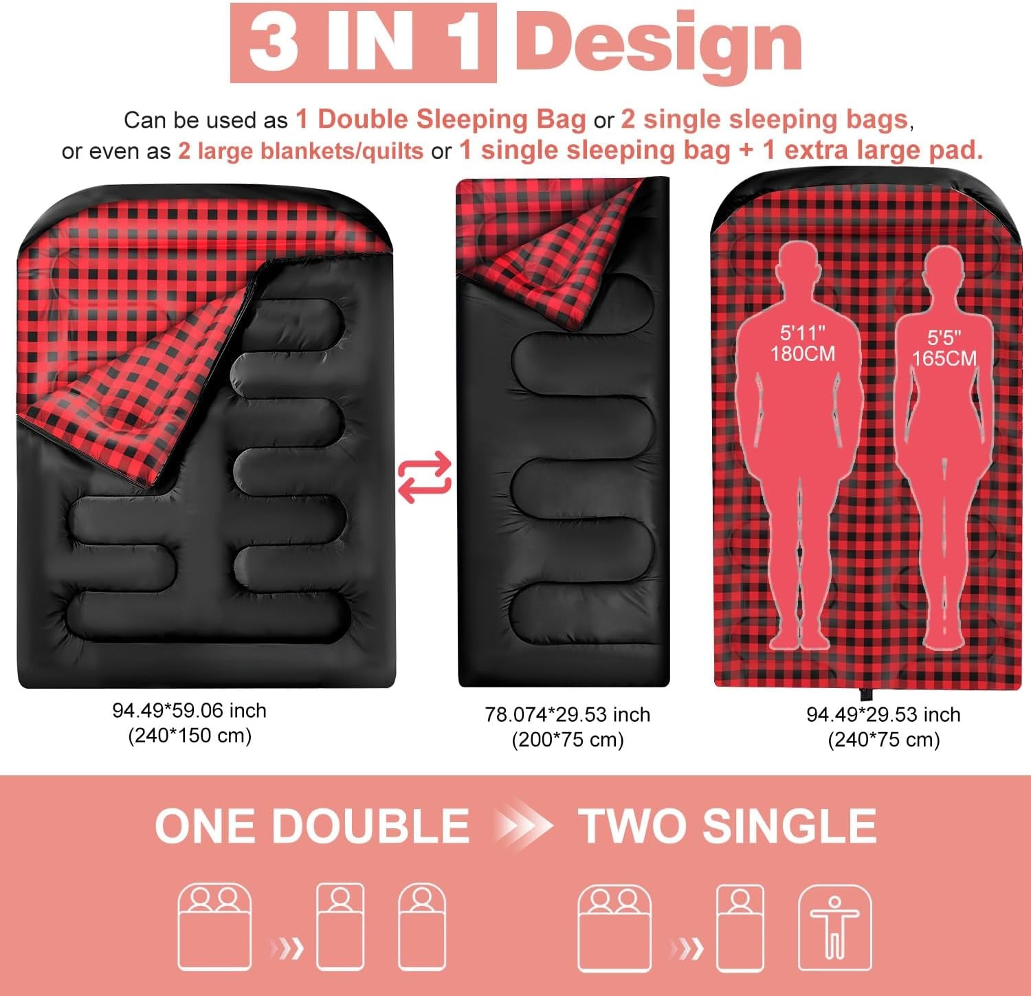 Double Sleeping Bags for Adults, Queen Size 2 Person All Season for Warm & Cold