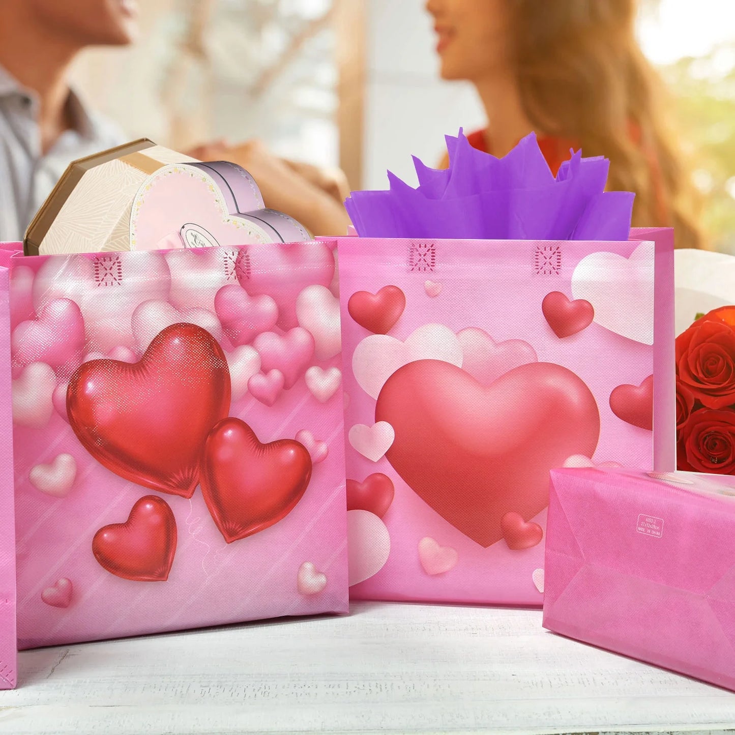 12PCS Happy Valentines Day Reusable Gift Bags, Treat Bags with Handles, Valentines Day Party Bags, Multifunctional Non-Woven Valentines Bags for Gifts Wrapping, Valentines Party Supplies(Pink)