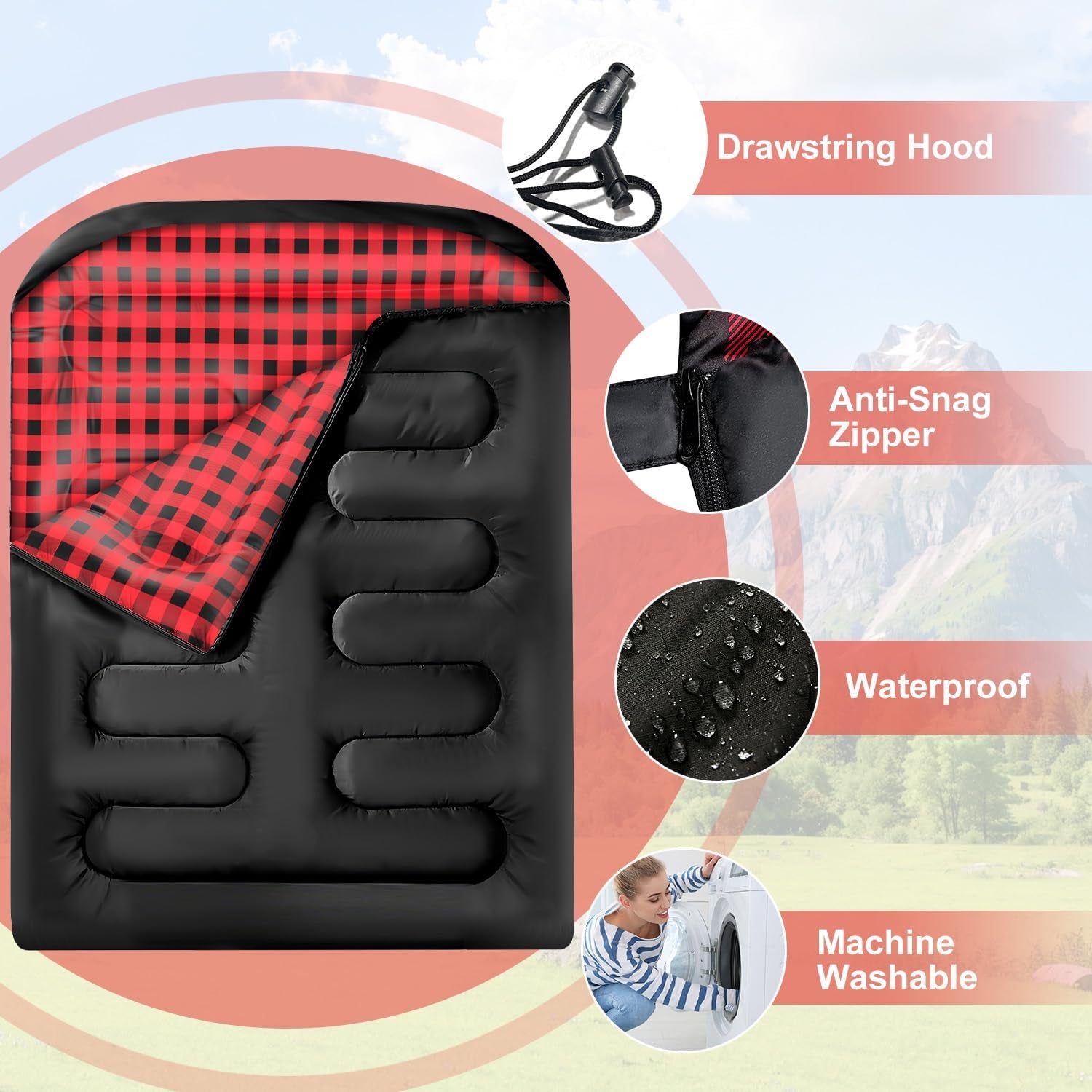 Double Sleeping Bags for Adults, Queen Size 2 Person All Season for Warm & Cold