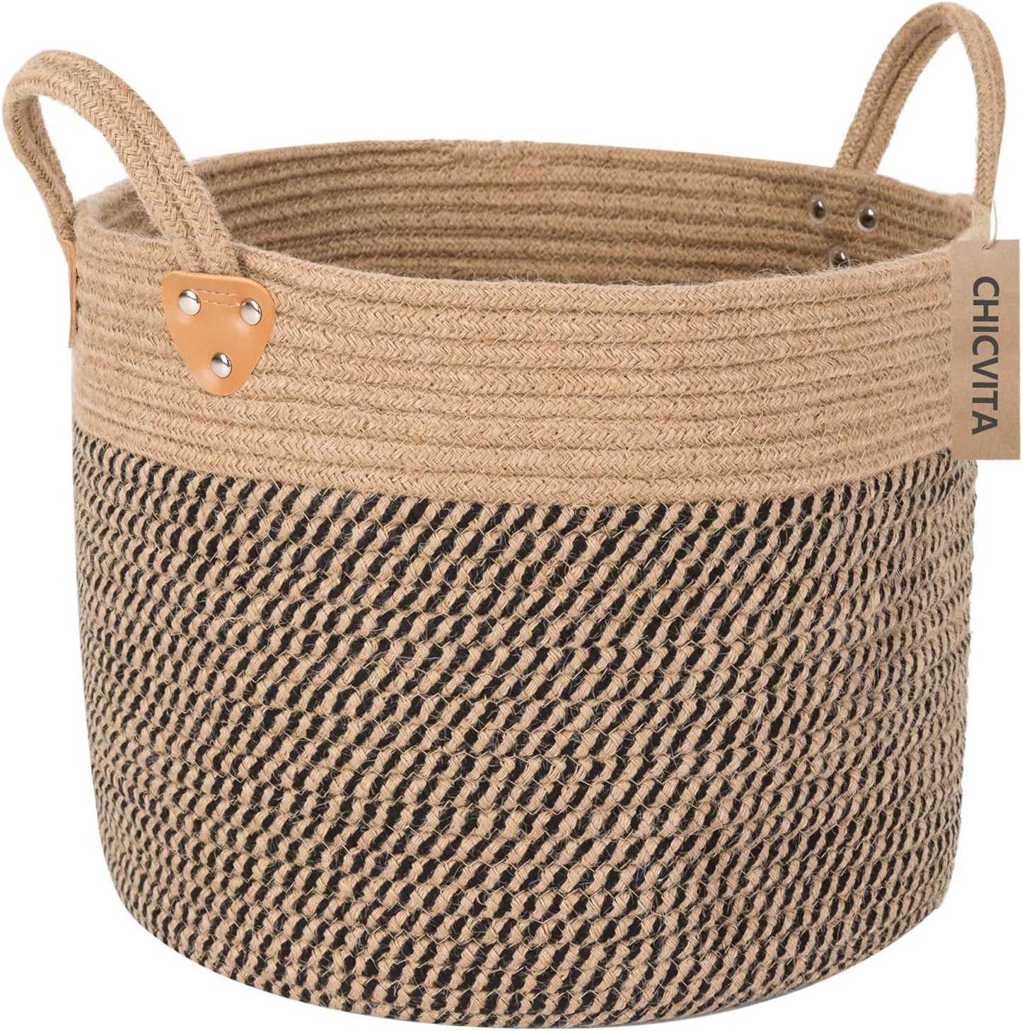 Jute Woven Wicker Floor Storage Basket with Handles, Boho Decorative Ba