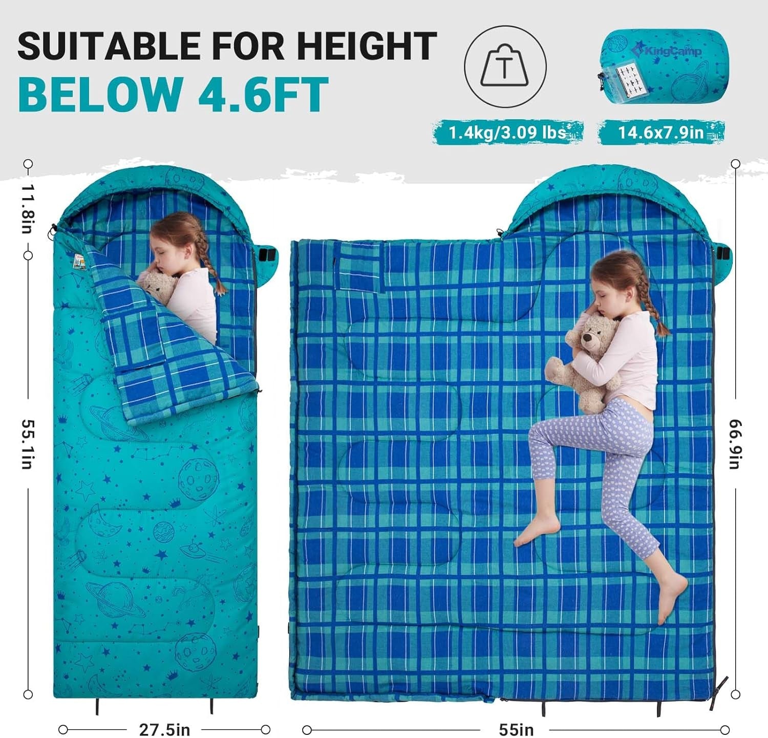 45° F Kids Sleeping Bag, Lightweight Waterproof & Compact Flannel Sleeping Bags