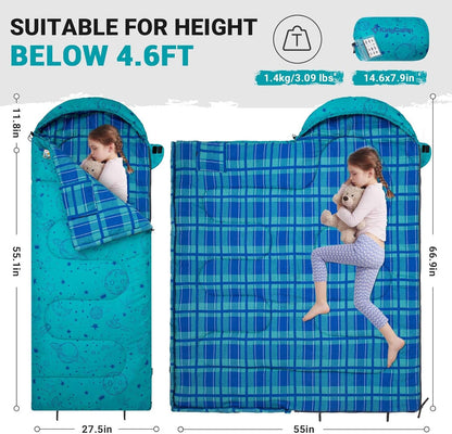 45° F Kids Sleeping Bag, Lightweight Waterproof & Compact Flannel Sleeping Bags