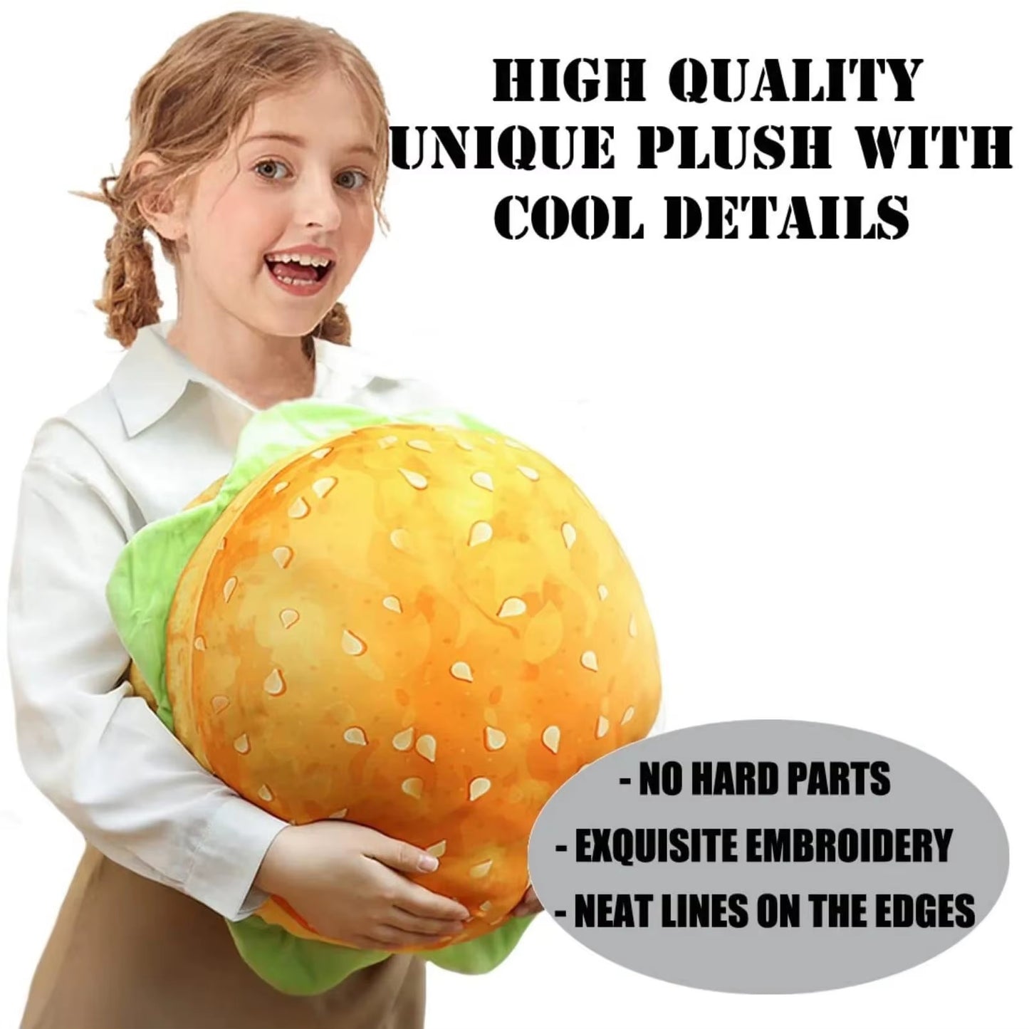 40Cm Large Burger Plush Toy Pillow - Cute Food Stuffed Animal for Kids, Soft Hugging Decor, Birthday Gift for Boys Girls