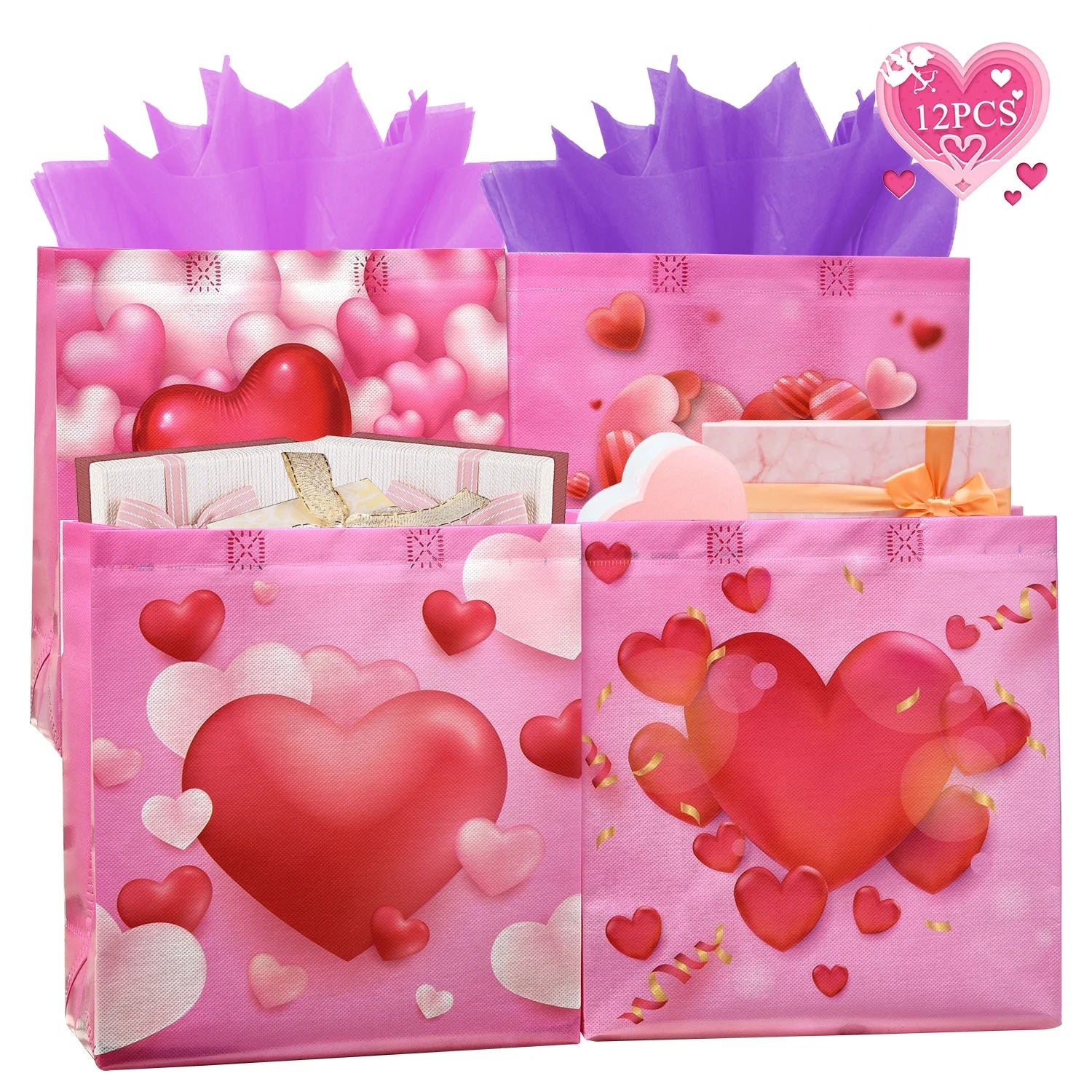 12PCS Happy Valentines Day Reusable Gift Bags, Treat Bags with Handles, Valentines Day Party Bags, Multifunctional Non-Woven Valentines Bags for Gifts Wrapping, Valentines Party Supplies(Pink)