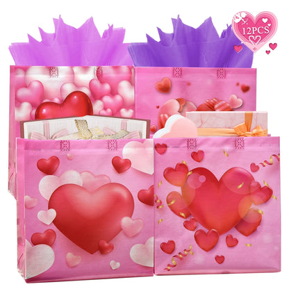 12PCS Happy Valentines Day Reusable Gift Bags, Treat Bags with Handles, Valentines Day Party Bags, Multifunctional Non-Woven Valentines Bags for Gifts Wrapping, Valentines Party Supplies(Pink)