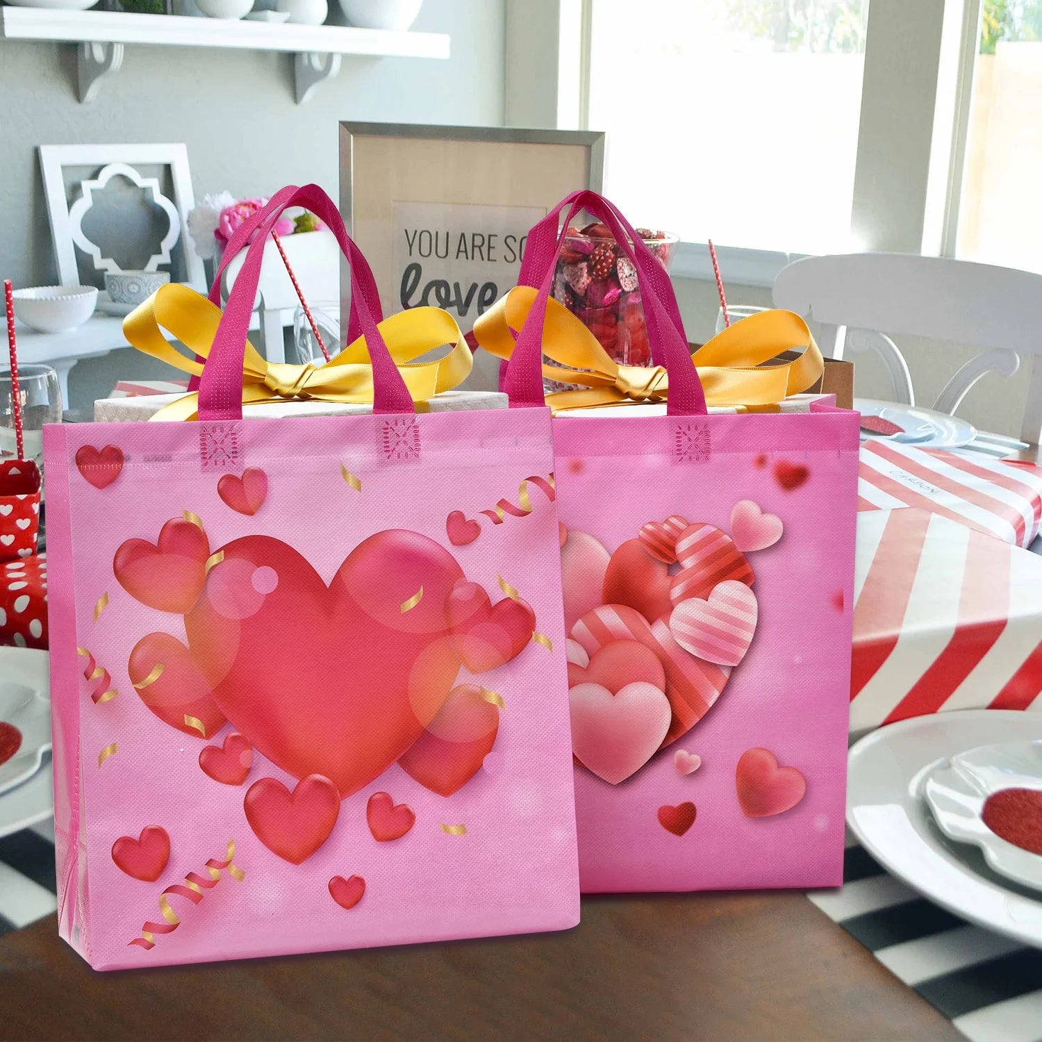 12PCS Happy Valentines Day Reusable Gift Bags, Treat Bags with Handles, Valentines Day Party Bags, Multifunctional Non-Woven Valentines Bags for Gifts Wrapping, Valentines Party Supplies(Pink)
