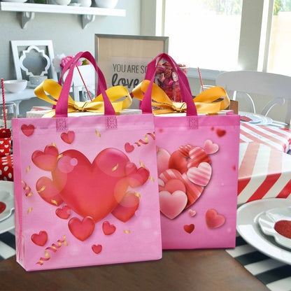 12PCS Happy Valentines Day Reusable Gift Bags, Treat Bags with Handles, Valentines Day Party Bags, Multifunctional Non-Woven Valentines Bags for Gifts Wrapping, Valentines Party Supplies(Pink)