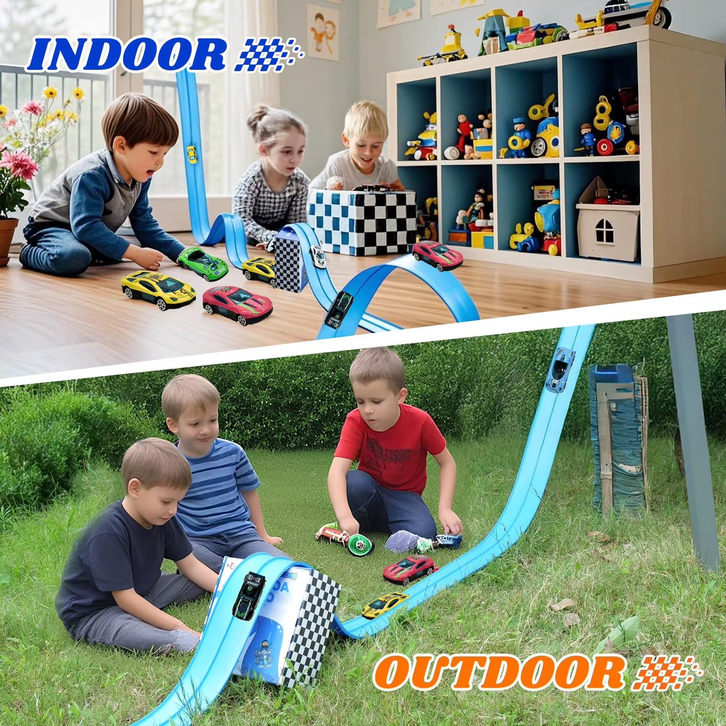Flexible Race Track Children Toys DIY Double-Track Racing Car Ramp Track Compatible 1/64Th Cars Portable Rolls up Race Tracks