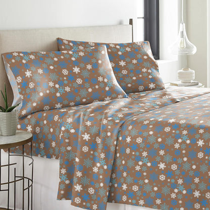 Heavy Weight Flannel Cotton Sheet Set, King, Snow Flakes/Tan