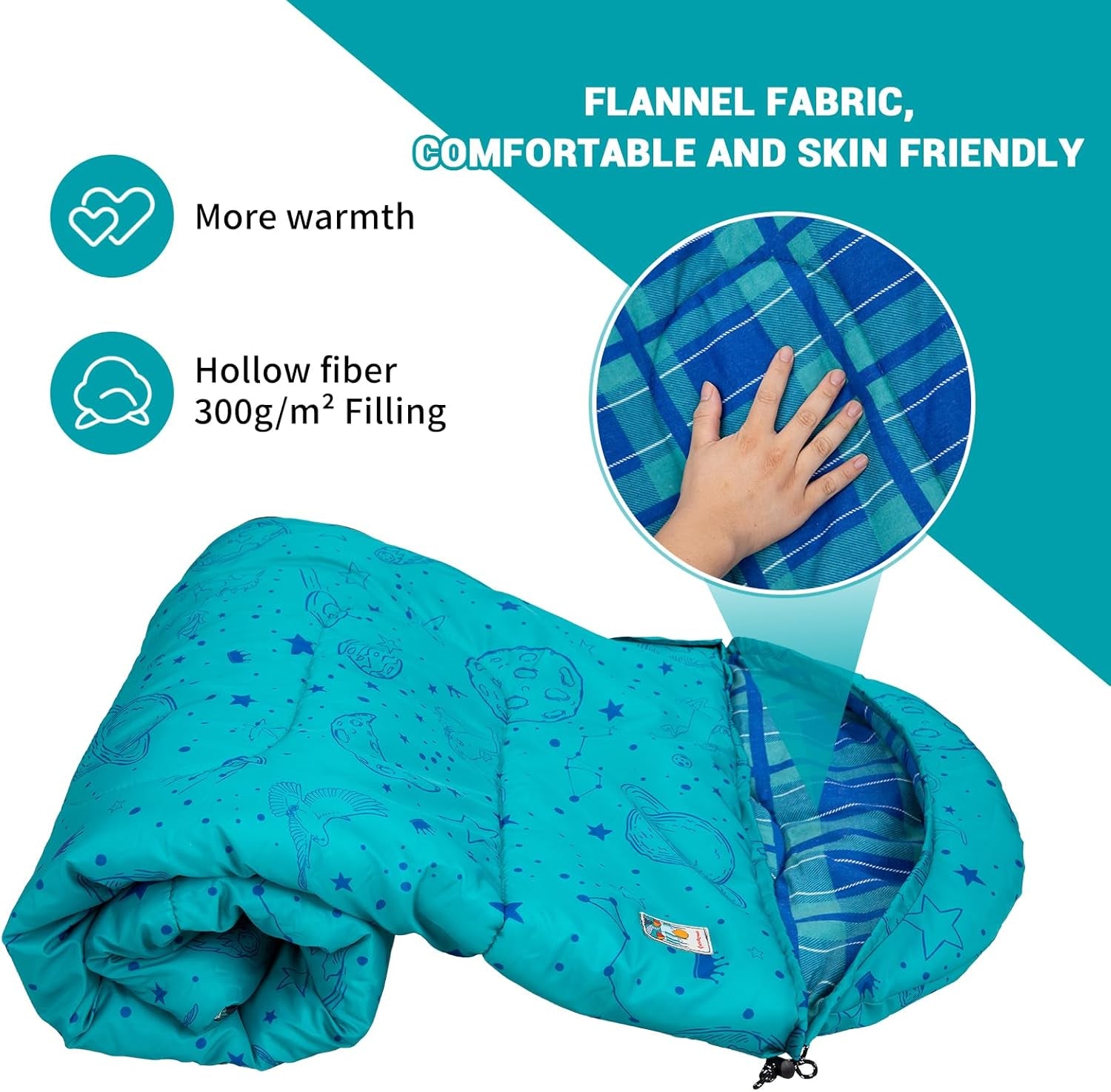45° F Kids Sleeping Bag, Lightweight Waterproof & Compact Flannel Sleeping Bags