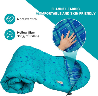 45° F Kids Sleeping Bag, Lightweight Waterproof & Compact Flannel Sleeping Bags