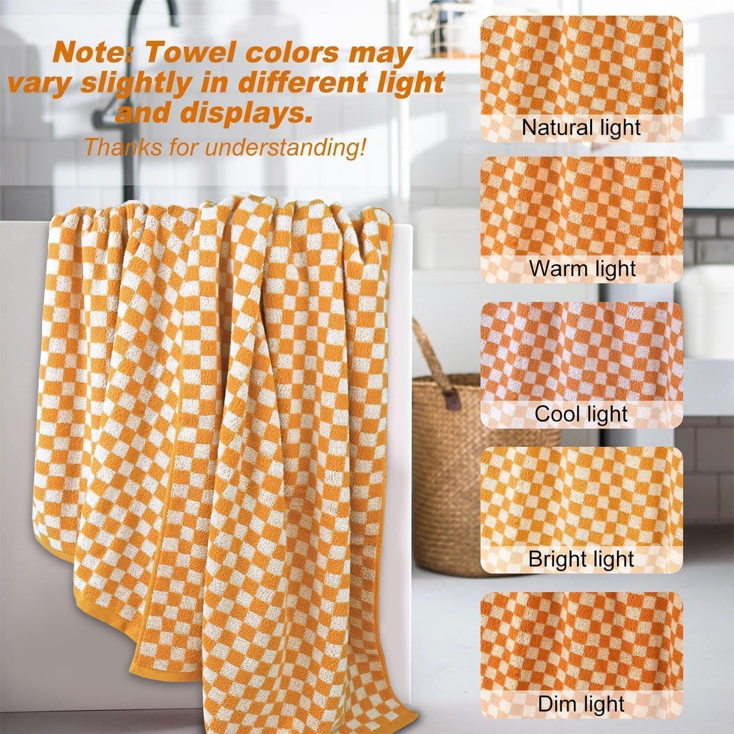 Luxury Orange Cotton Shower Towels Set of 2, 480 GSM, Checkered Design