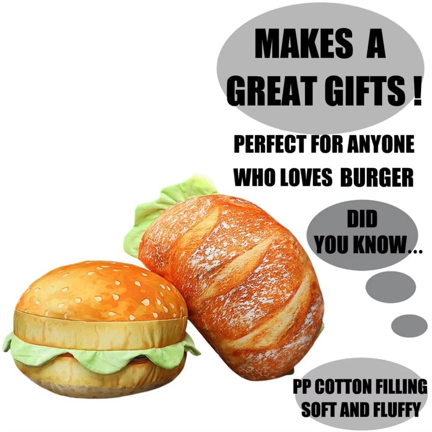 40Cm Large Burger Plush Toy Pillow - Cute Food Stuffed Animal for Kids, Soft Hugging Decor, Birthday Gift for Boys Girls