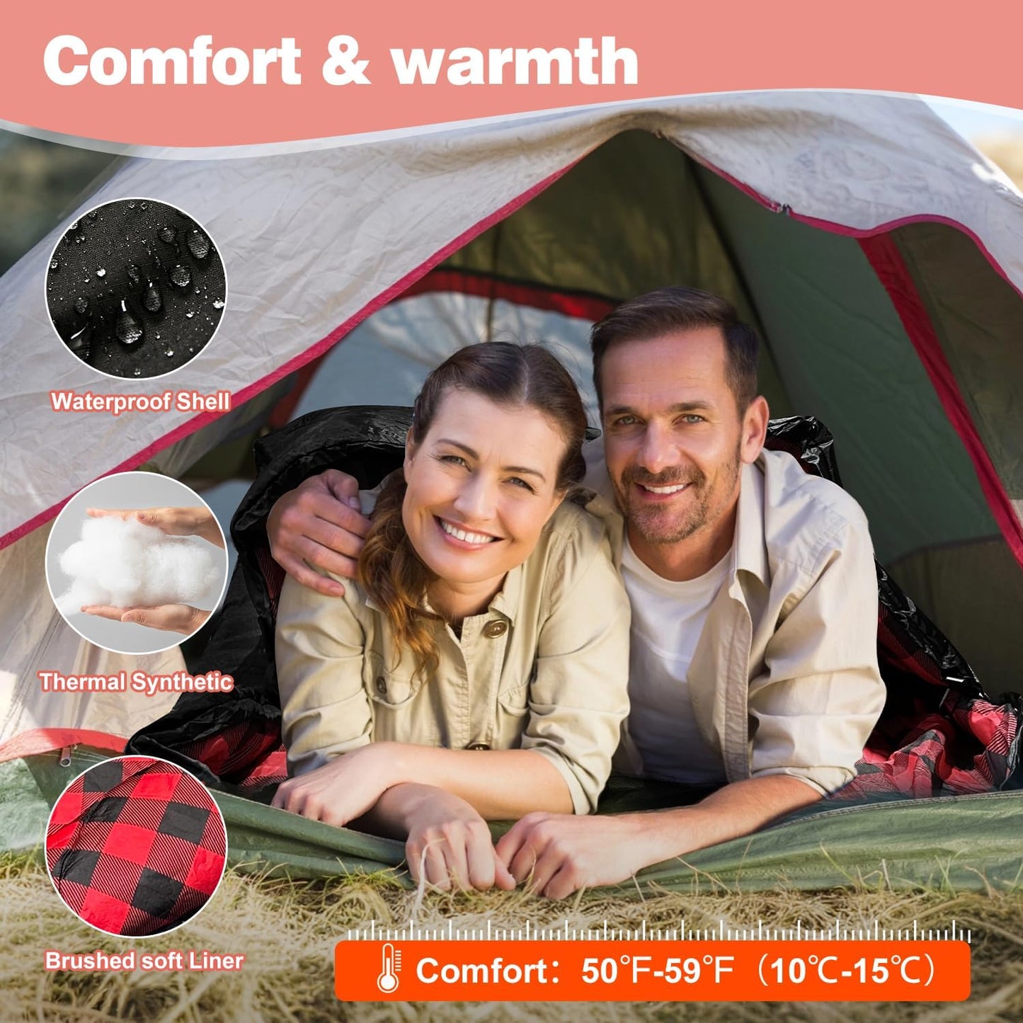 Double Sleeping Bags for Adults, Queen Size 2 Person All Season for Warm & Cold