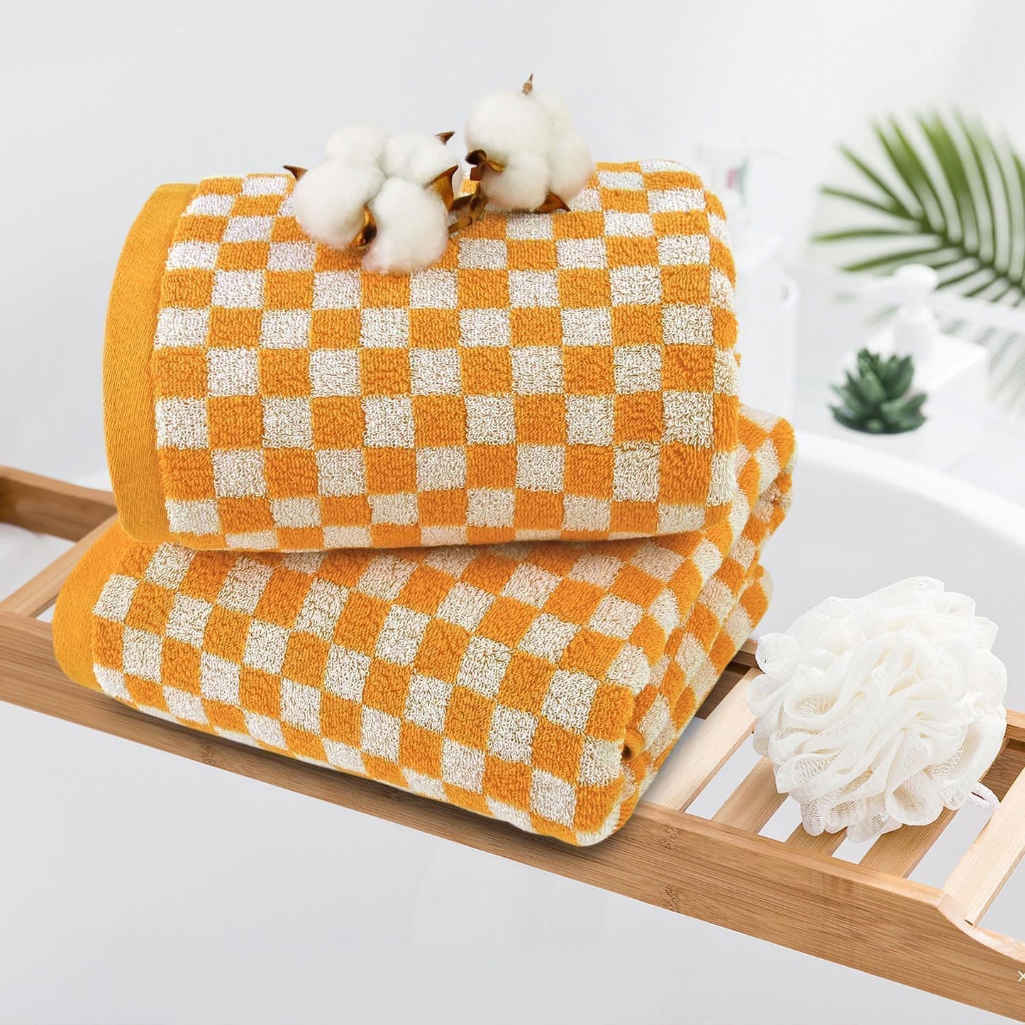 Luxury Orange Cotton Shower Towels Set of 2, 480 GSM, Checkered Design