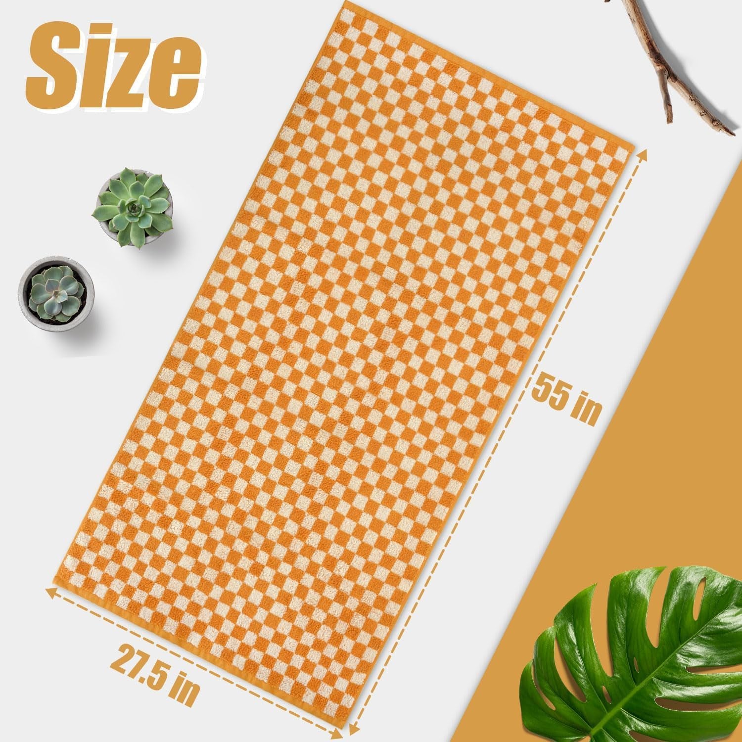 Luxury Orange Cotton Shower Towels Set of 2, 480 GSM, Checkered Design