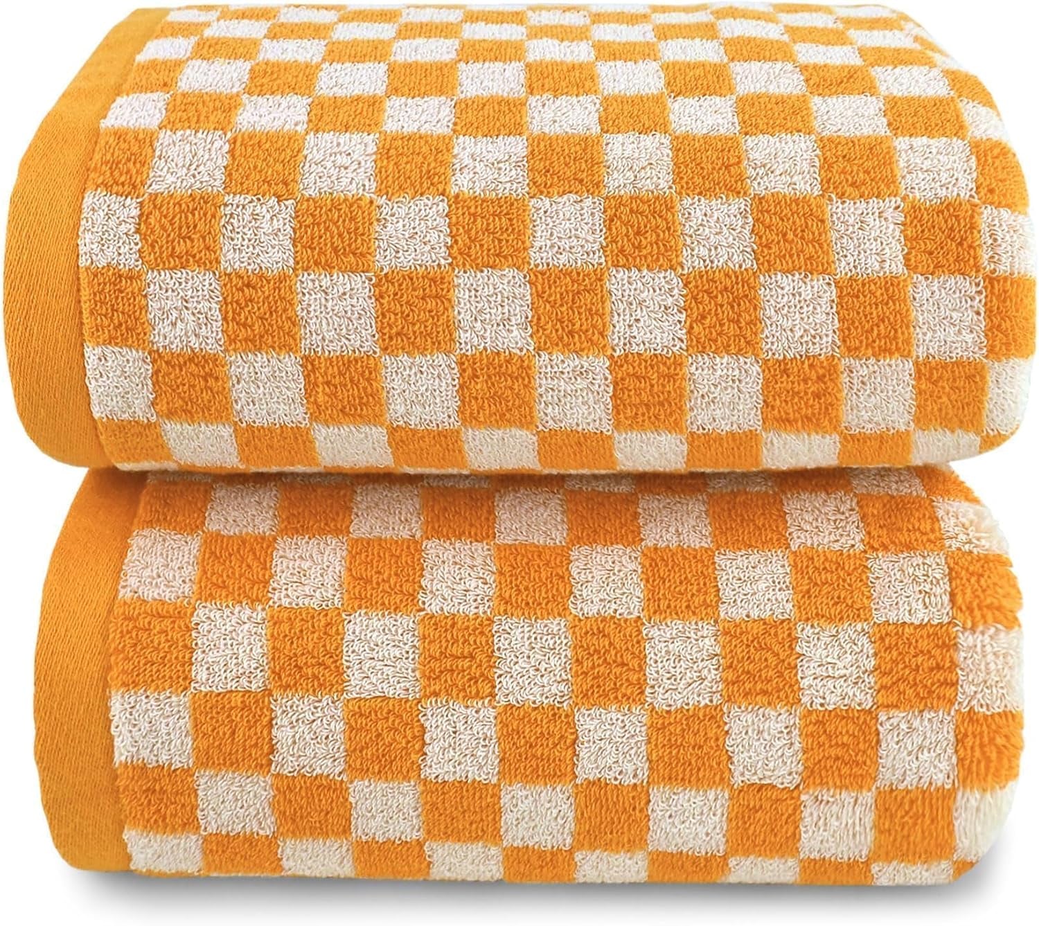 Luxury Orange Cotton Shower Towels Set of 2, 480 GSM, Checkered Design