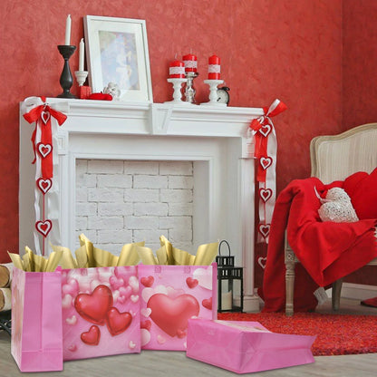 12PCS Happy Valentines Day Reusable Gift Bags, Treat Bags with Handles, Valentines Day Party Bags, Multifunctional Non-Woven Valentines Bags for Gifts Wrapping, Valentines Party Supplies(Pink)